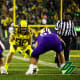 Oregon Ducks defensive lineman Casey Rogers gets set before a play against the Washington Huskies.